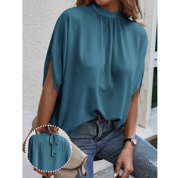 Teall Blue Blouse Top Flowy, High Neck - Picture 6 of 13